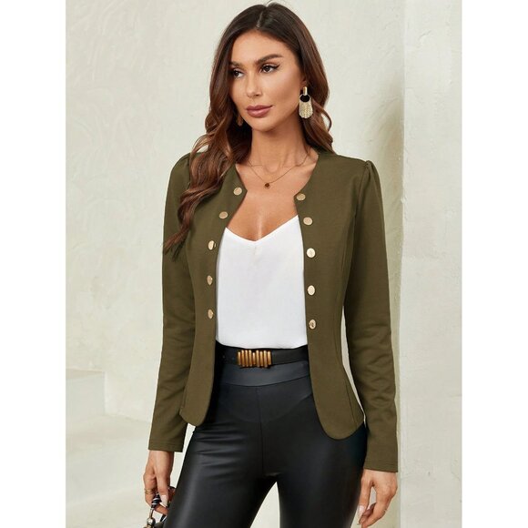 Black Gold Button Military Blazer Fitted Plazacore Business Minimalist - Picture 2 of 2